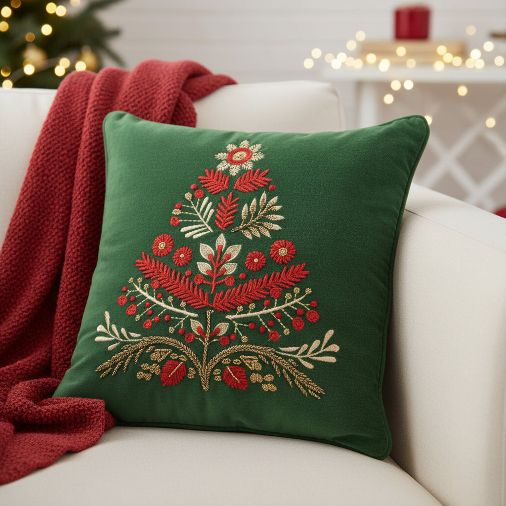 18" Green And Red Floral Velvet Cotton Christmas Tree Throw Pillow - Home & Garden