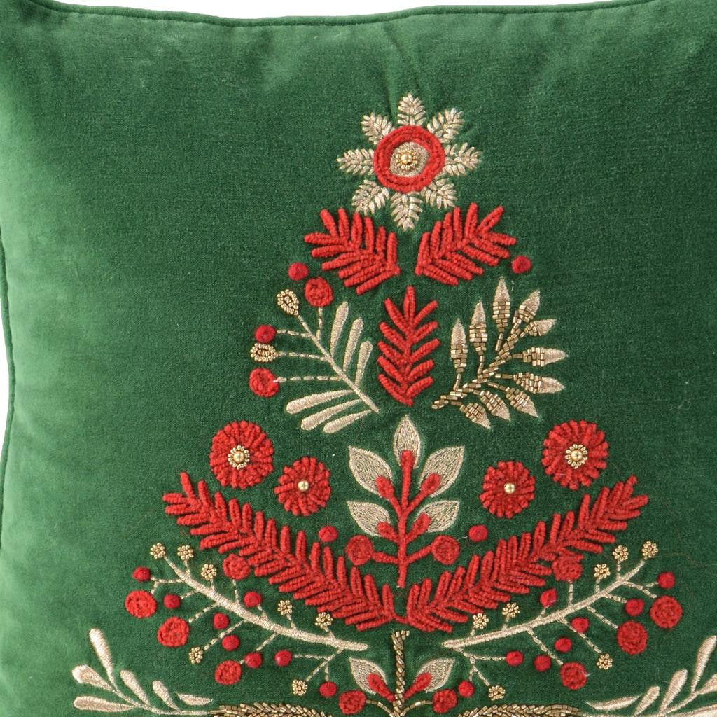18" Green And Red Floral Velvet Cotton Christmas Tree Throw Pillow - Home & Garden