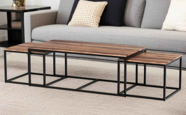 Set of Three 47" Natural And Black Solid Wood And Iron Coffee Table Default Title