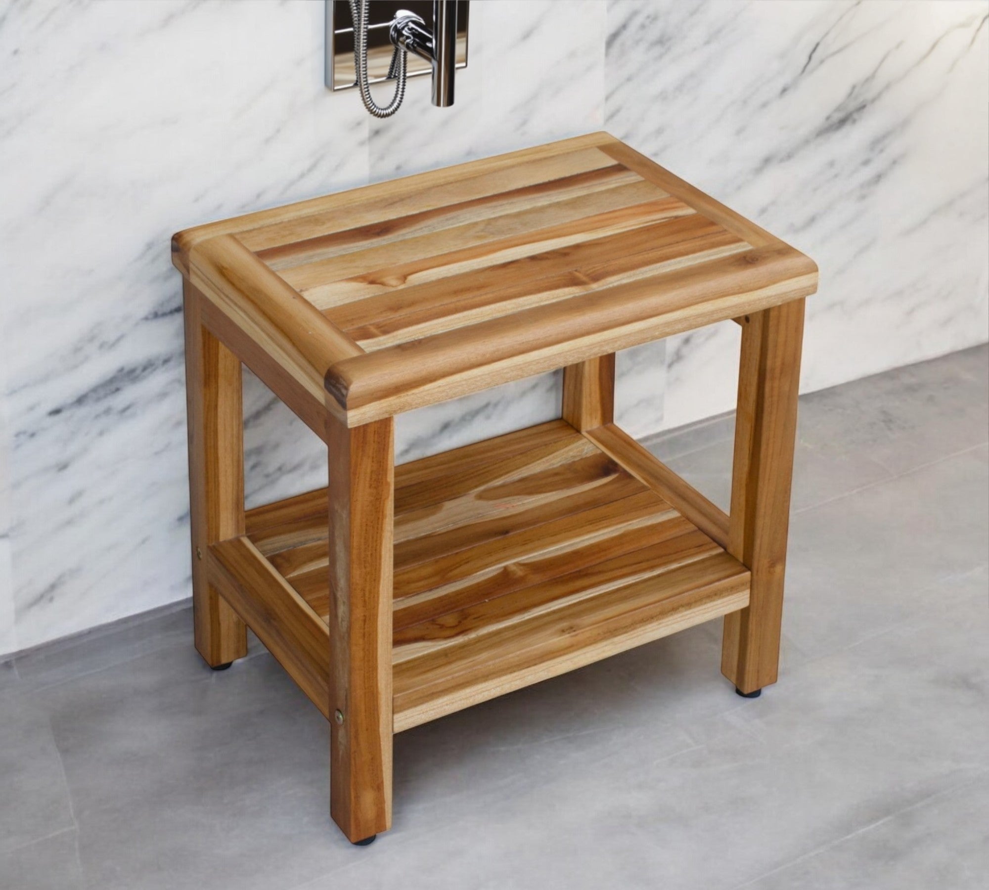 18" Contemporary Teak Shower Stool Or Bench With Shelf In Natural Finish - Bed & Bath