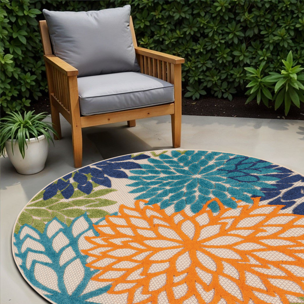 4' Ivory And Blue Round Indoor Outdoor Area Rug - Outdoor