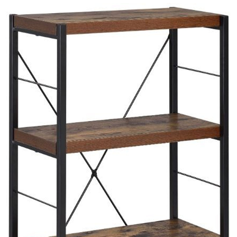 43" Black And Brown Distressed Metal and Wood Three Tier Etagere Bookcase - Office