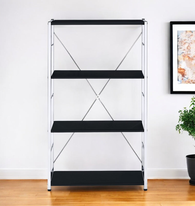 42" Black And Silver Metal and Wood Four Tier Etagere Bookcase - Office