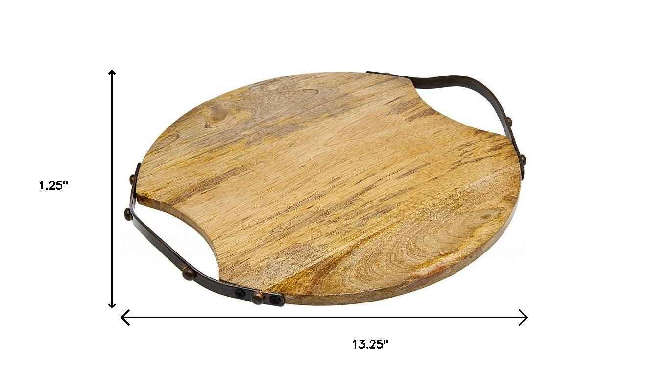 13" Natural Brown Round Wood and Metal Tray