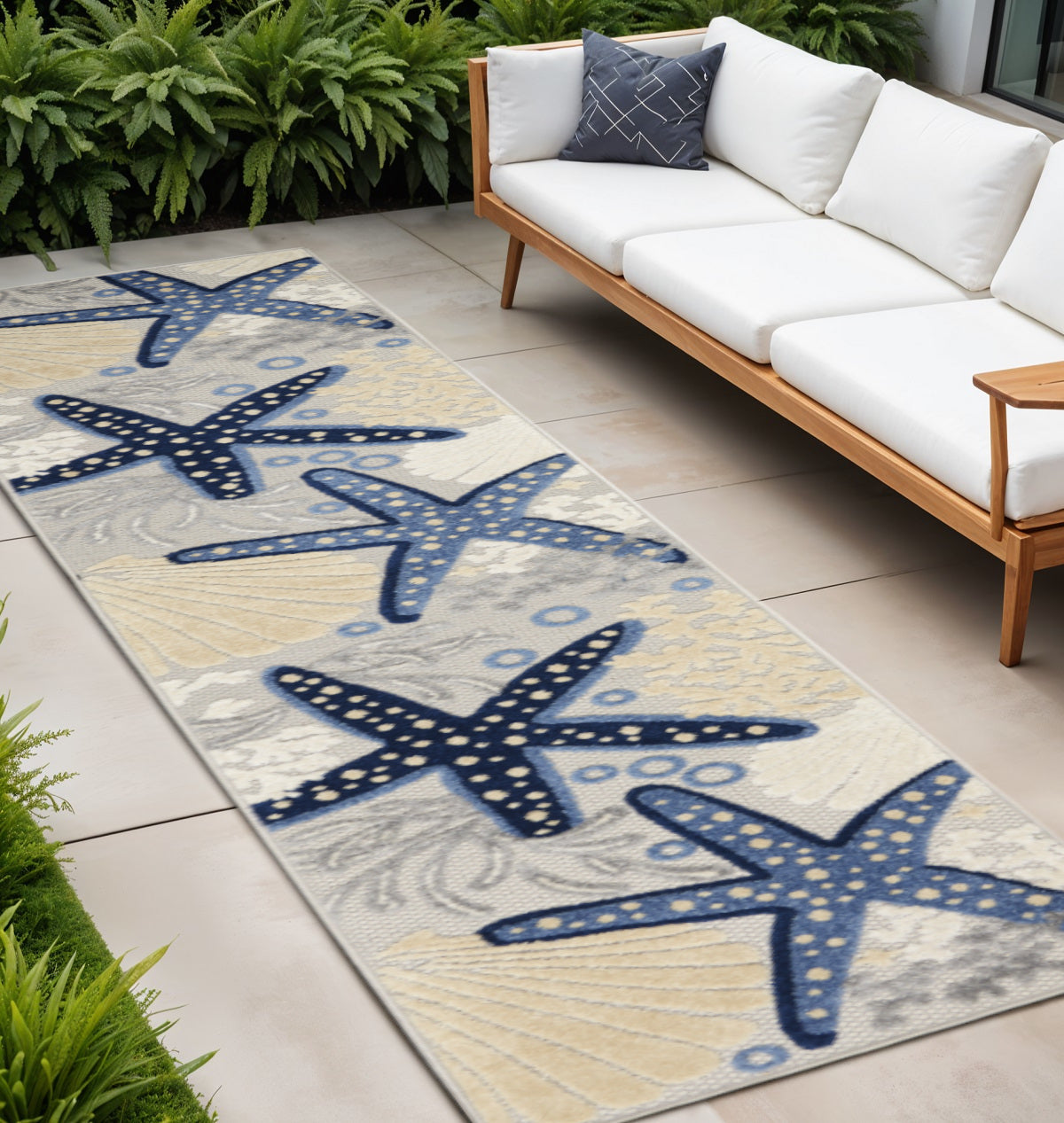 12' Blue And Gray Nautical Indoor Outdoor Runner Rug - Outdoor