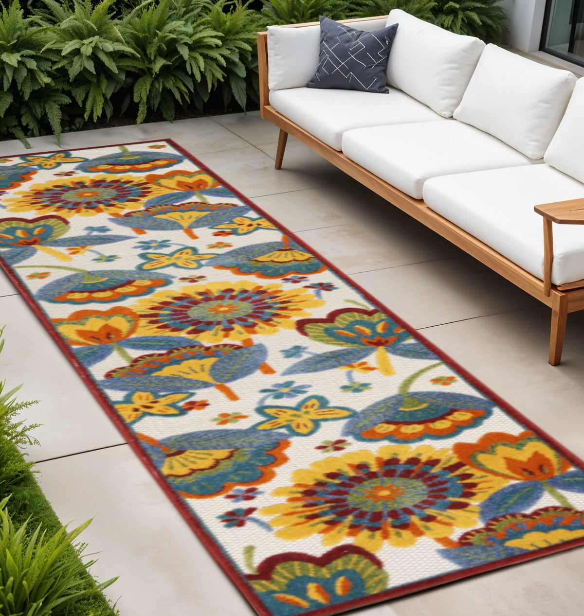 10' Blue And Yellow Indoor Outdoor Runner Rug - Outdoor