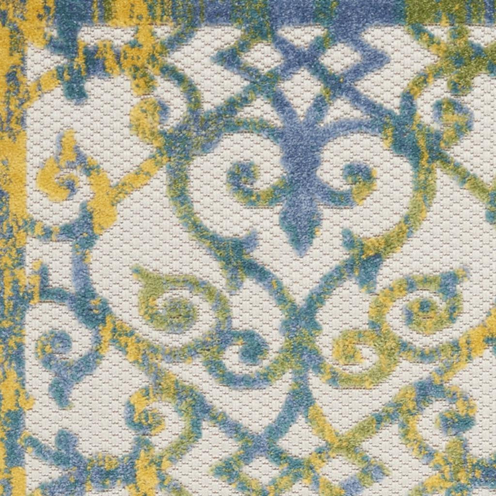 6' Ivory And Blue Indoor Outdoor Area Rug - Outdoor