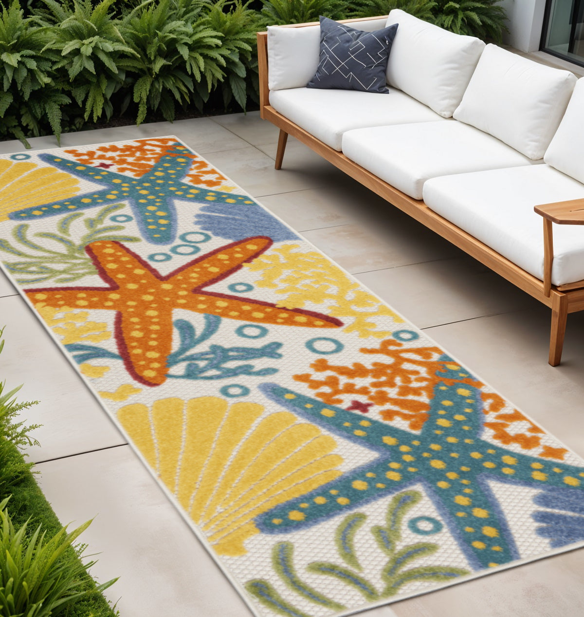 8' Blue And Orange Indoor Outdoor Runner Rug - Outdoor