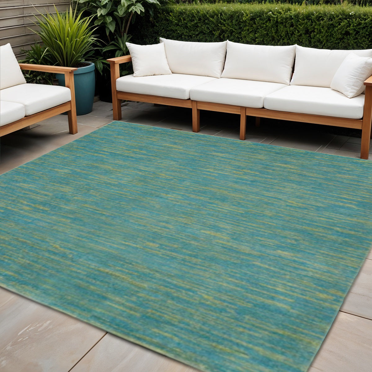 7' Blue And Green Square Indoor Outdoor Area Rug - Outdoor