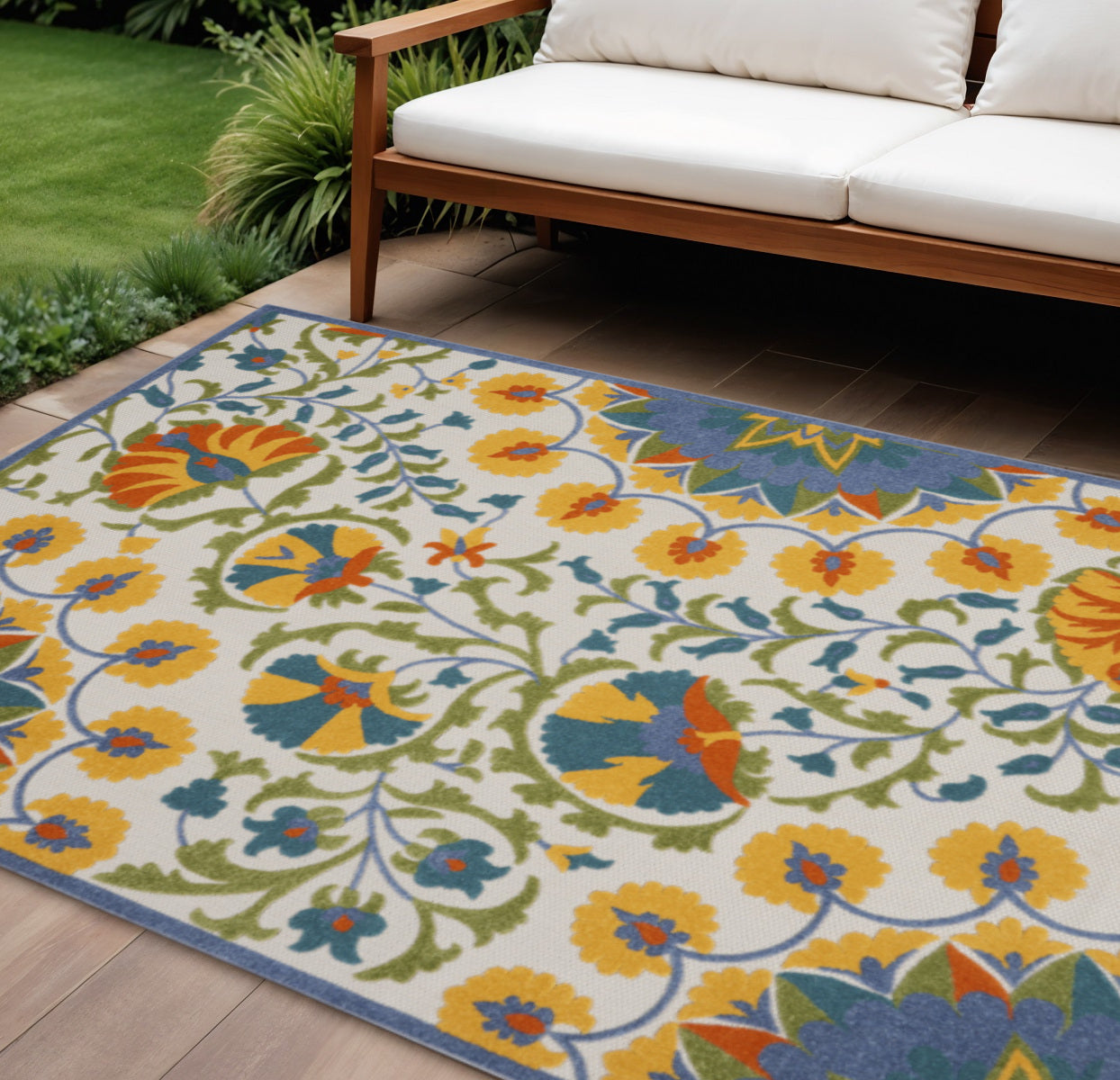 10' X 13' Blue And Yellow Indoor Outdoor Area Rug - Outdoor
