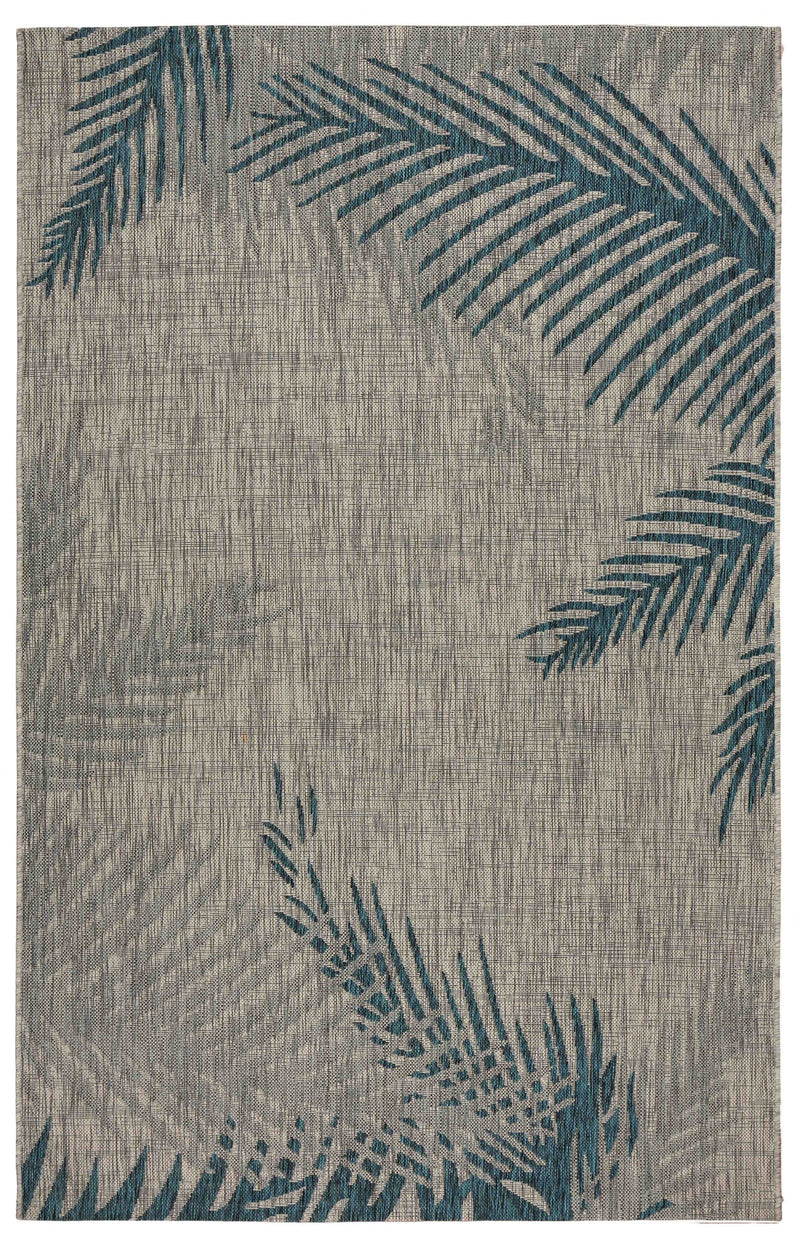 Gray area rug with teal blue palm leaves arranged in a ring around the center.
