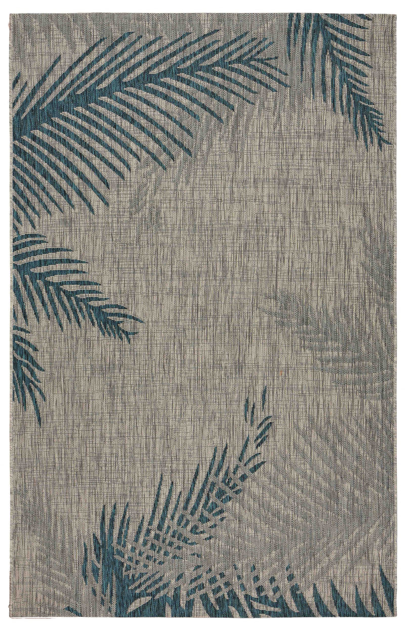 Gray area rug with scattered teal blue palm leaf designs across the surface.