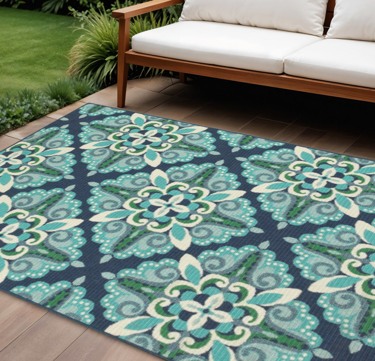 8' X 11' Blue And Green Indoor Outdoor Area Rug - Outdoor