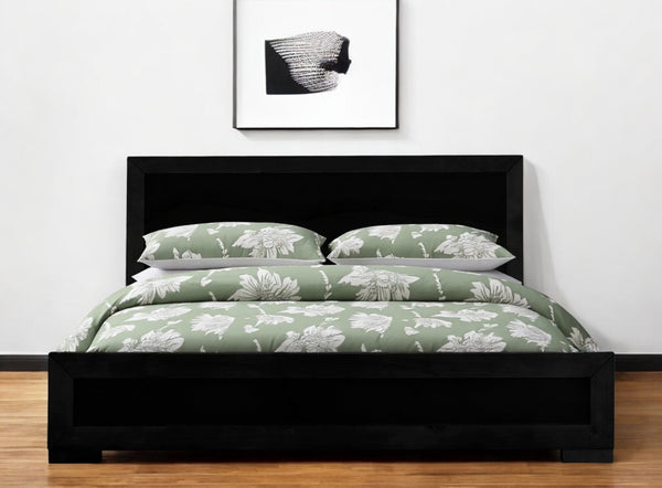 Black Inlaid Panels Solid Wood Queen Bed Frame - Bed & Bath