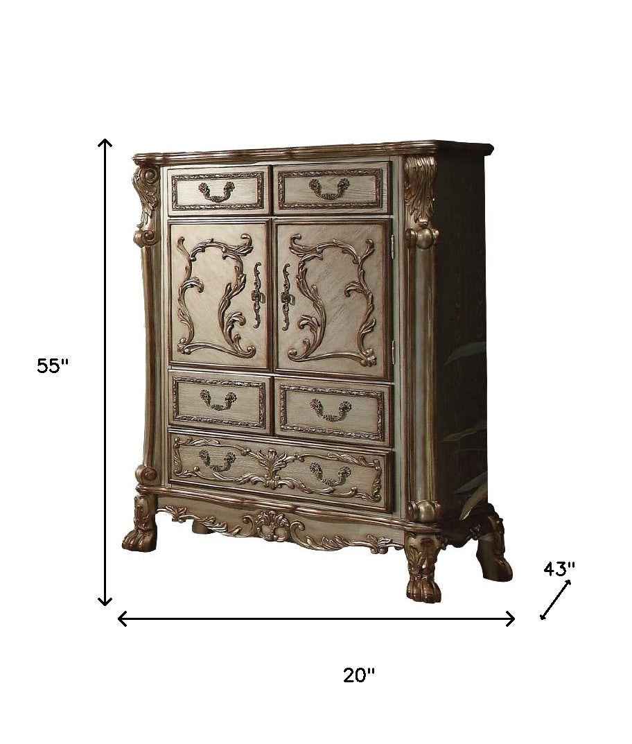 20" X 43" X 55" Gold Patina Bone Wood Poly Resin Chest