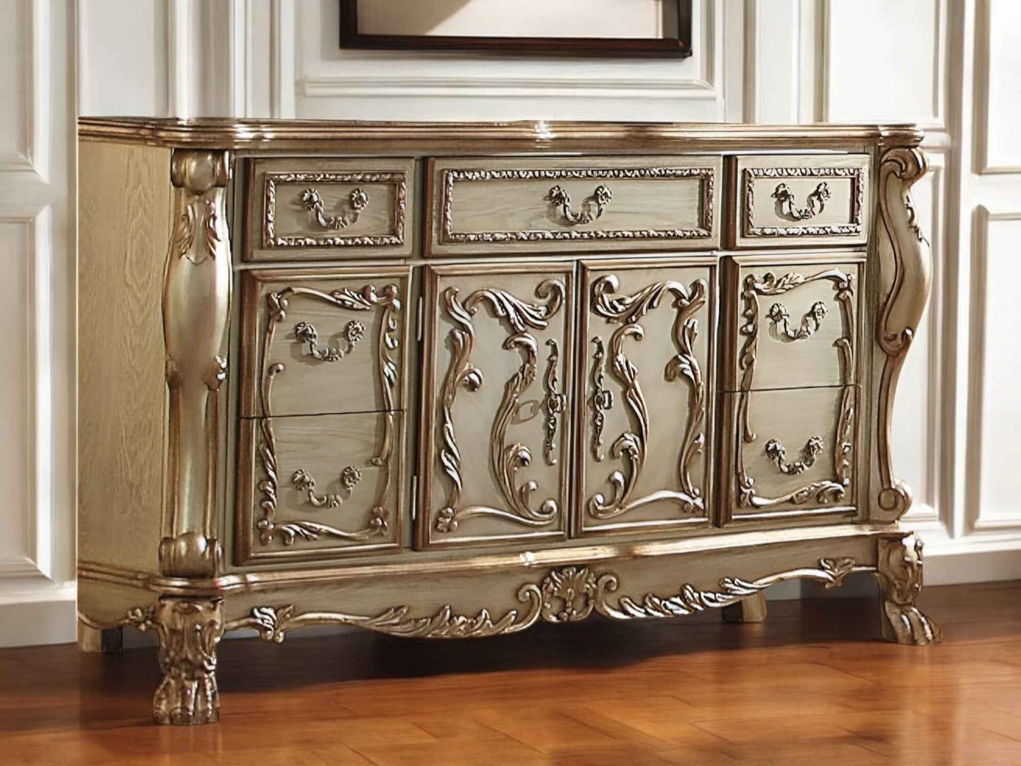 66" Gold Solid Wood Carved Scrollwork Seven Drawer Sideboard with Two Doors
