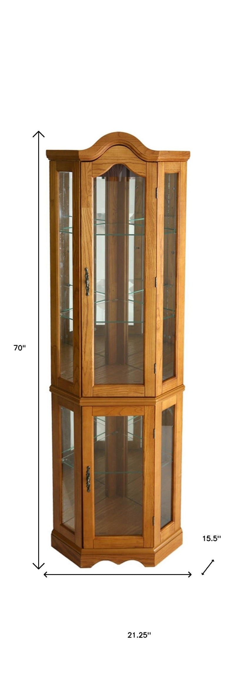 Golden Oak Scallop Top Lighted Corner Curio Cabinet - Kitchen & Dining