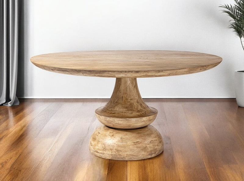 60" Natural Rounded Solid Wood Pedestal Base Dining Table - Kitchen & Dining