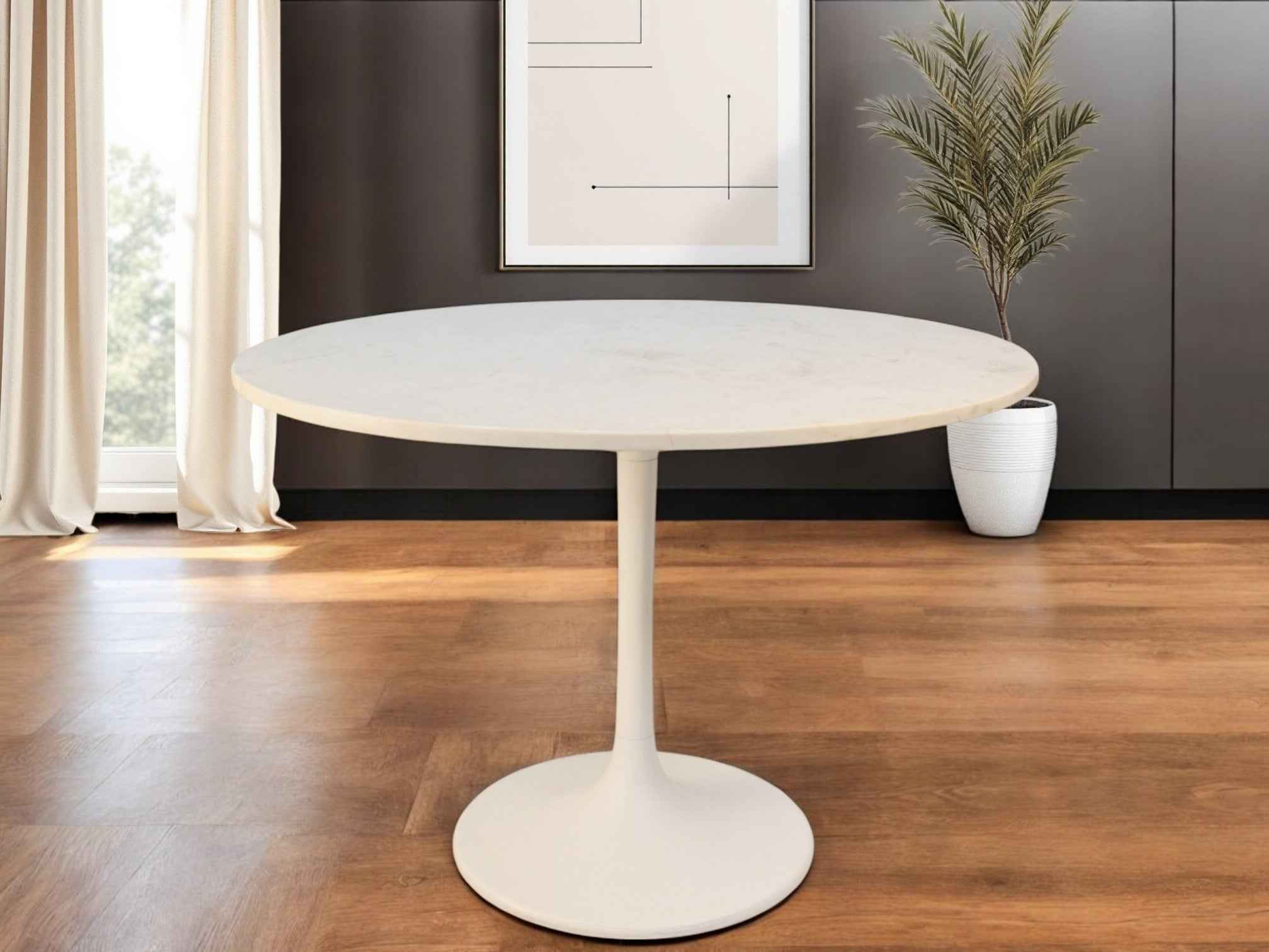 40" White Rounded Marble And Iron Pedestal Base Dining Table