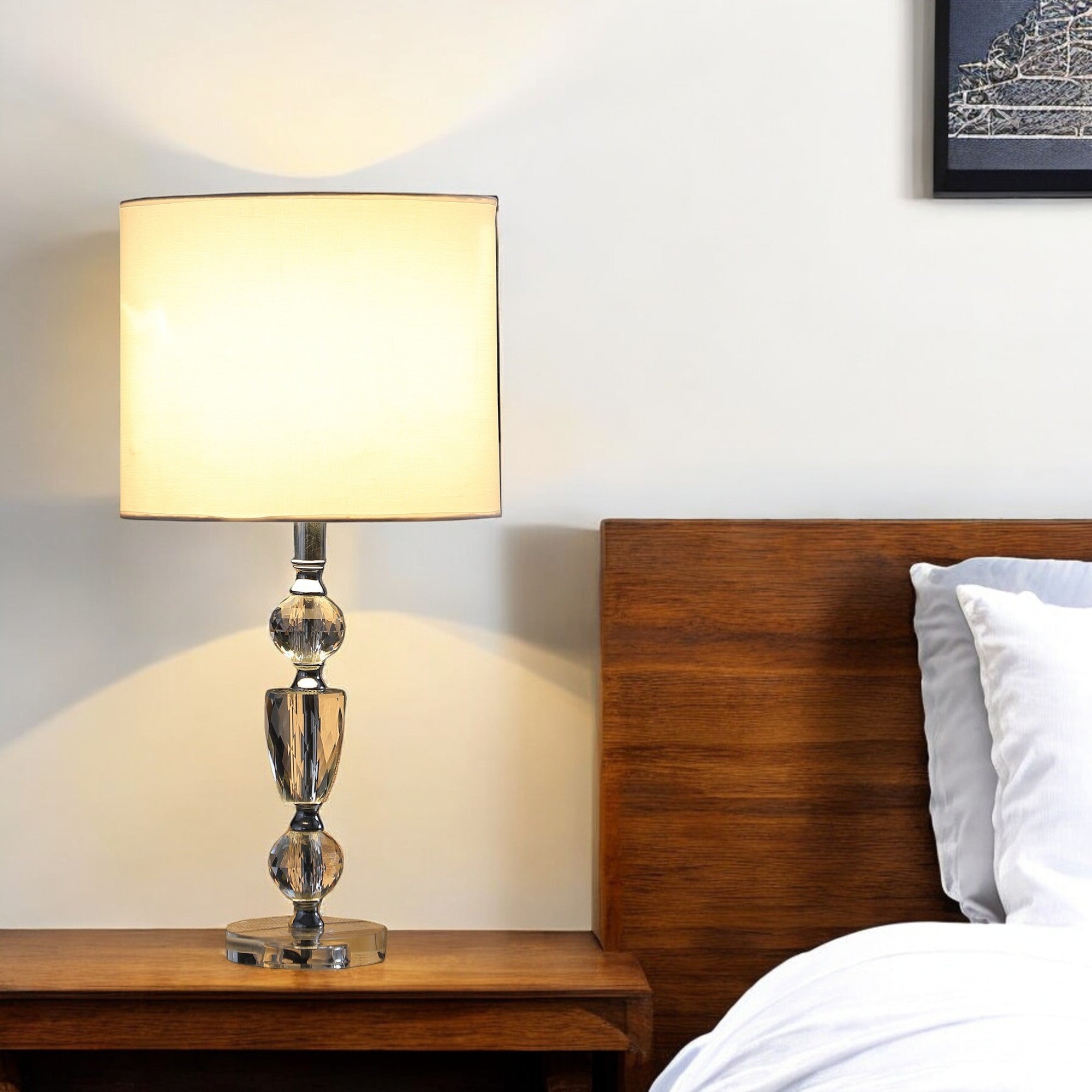 24" Clear And Silver Faux Crystal And Metal Table Lamp With White Drum Shade - Lighting