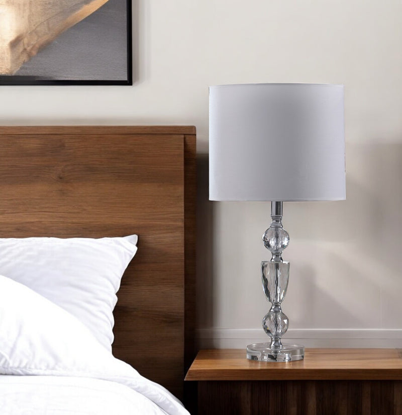24" Clear And Silver Faux Crystal And Metal Table Lamp With White Drum Shade - Lighting