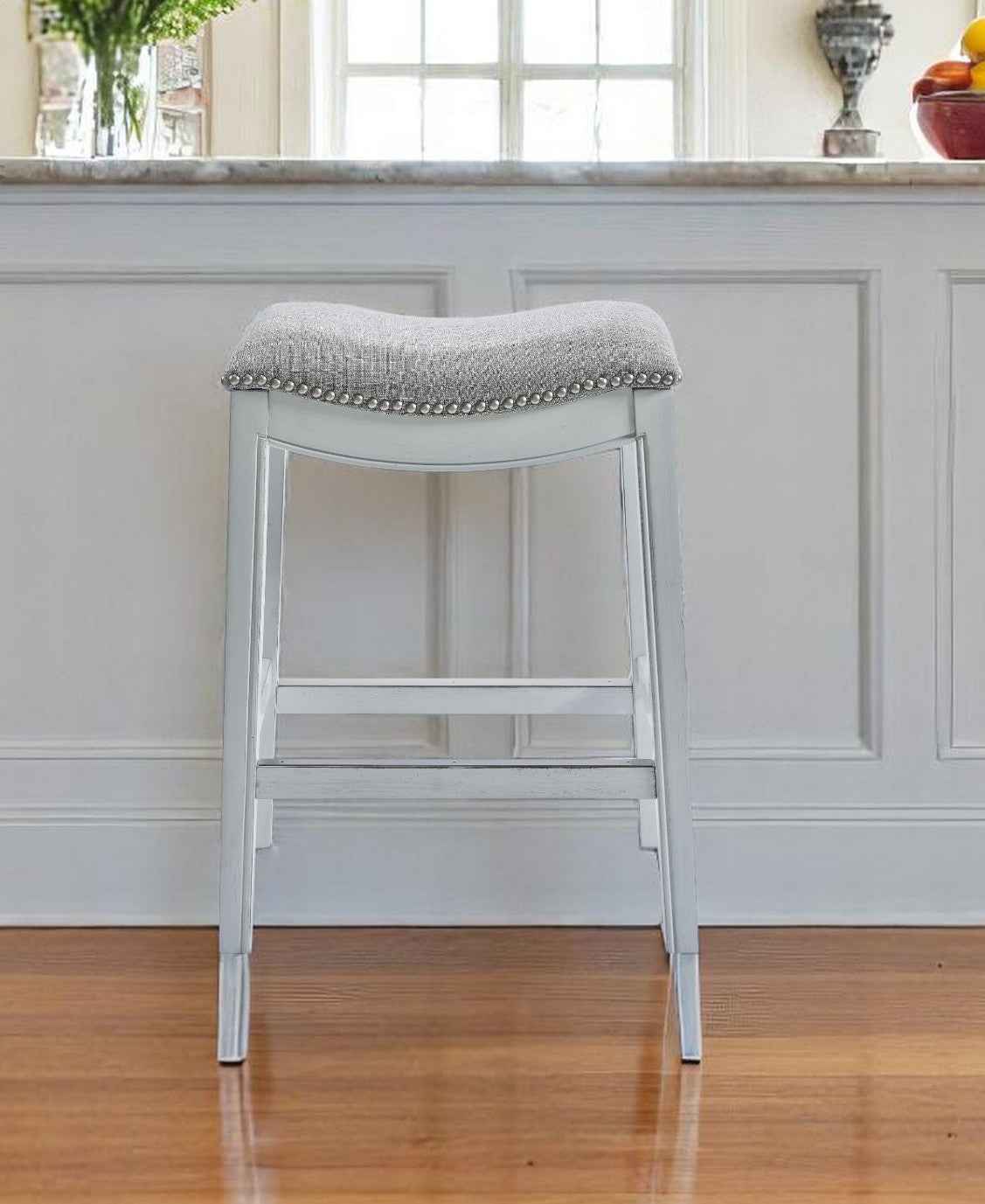 31" Light Gray And White Upholstered And Solid Wood Backless Bar Height Bar Chair