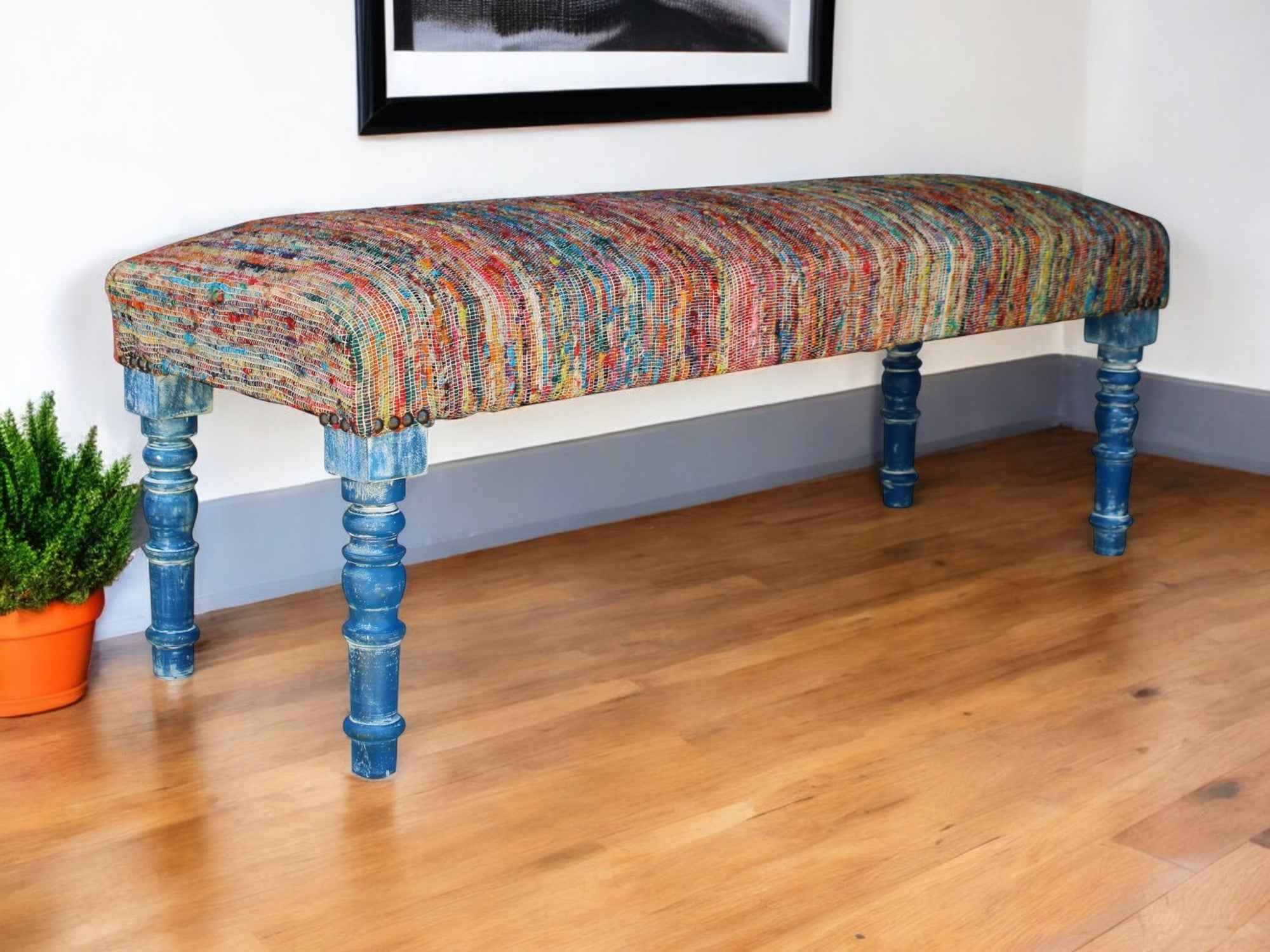 47" Rainbow Stripe Blue Leg Upholstered Bench