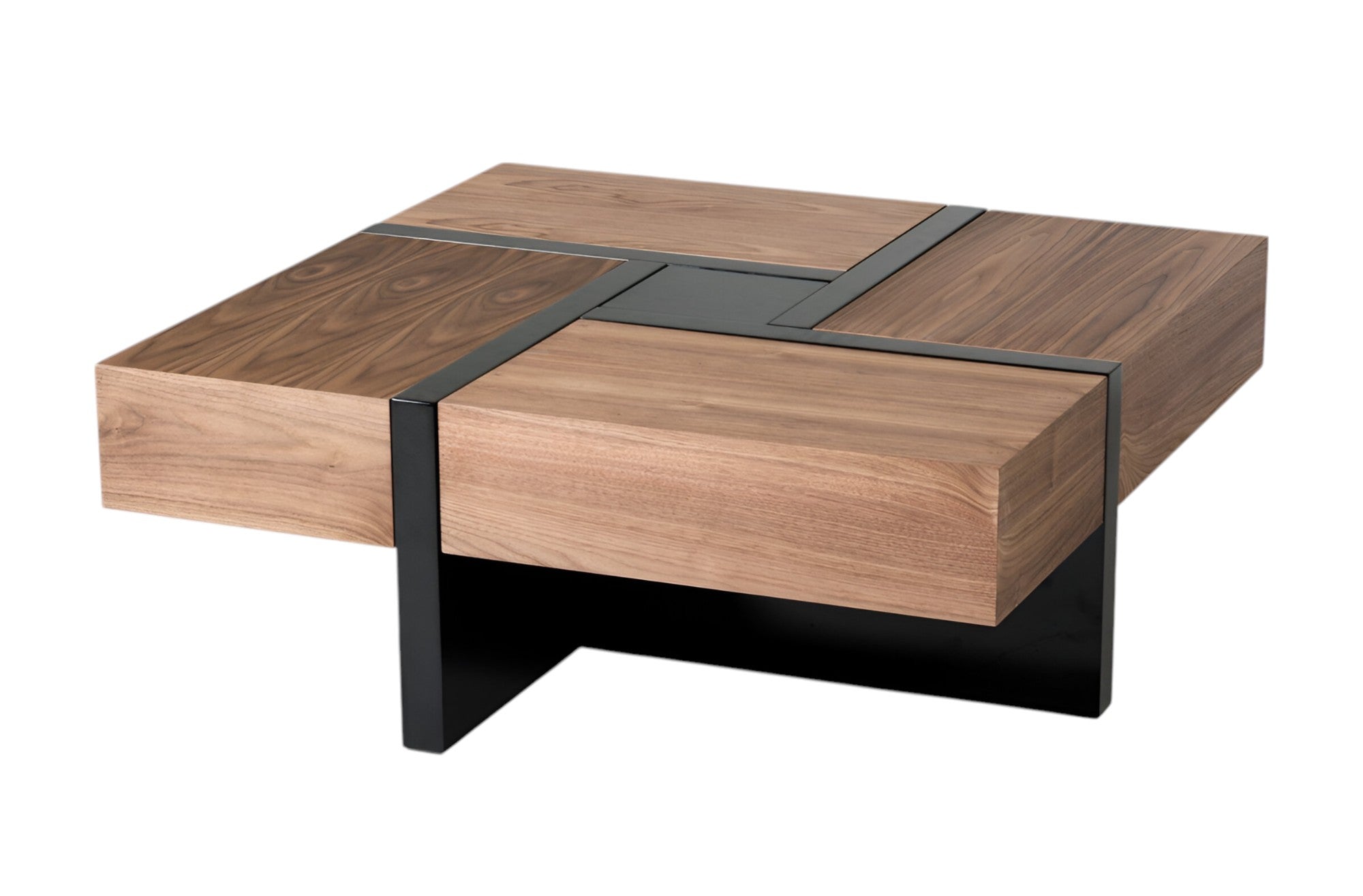 Wood coffee table with black frame, four drawers, dark top insert