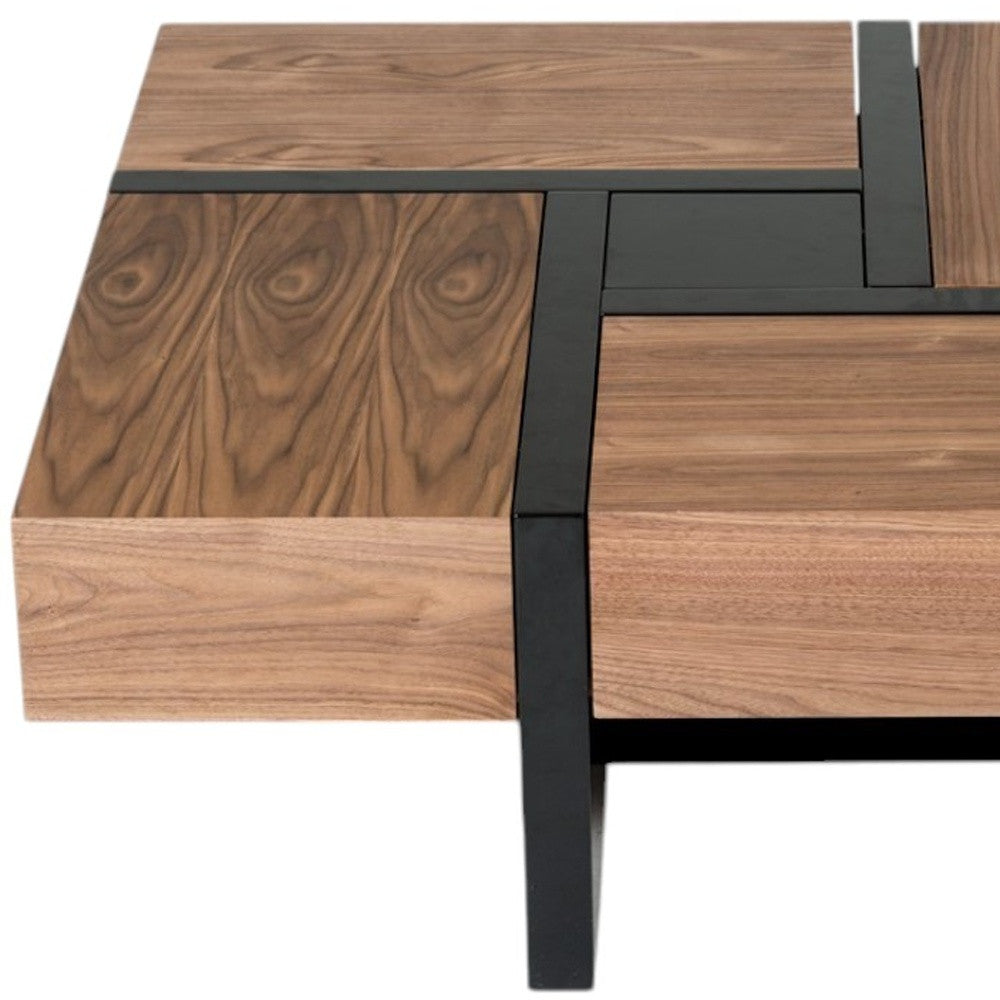 Brown and black wood square coffee table with sliding drawer top and black frame