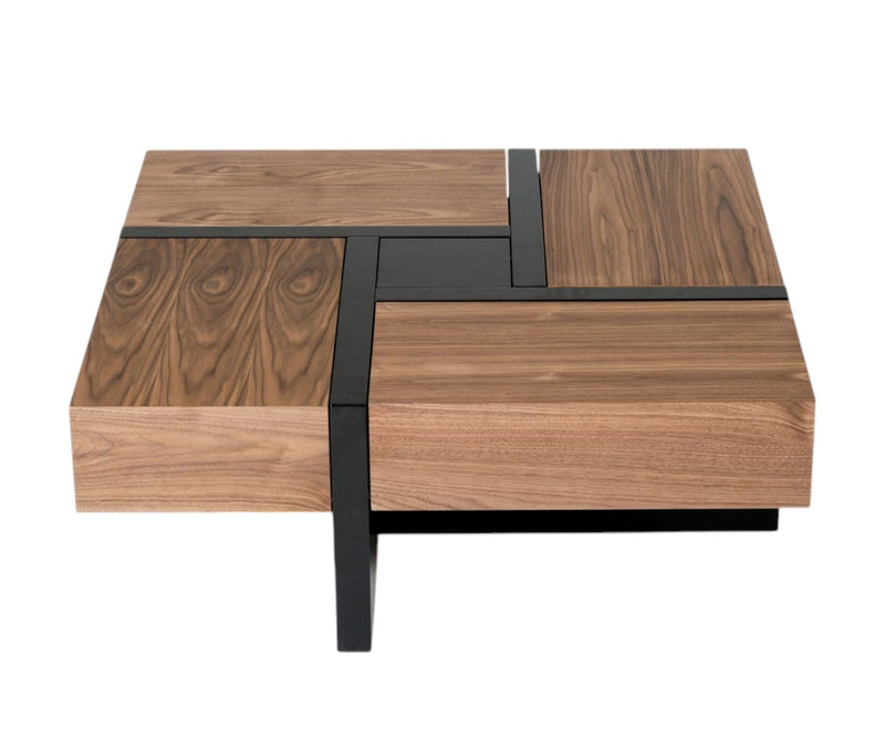 Wood coffee table with dark top insert, drawer fronts, and black legs