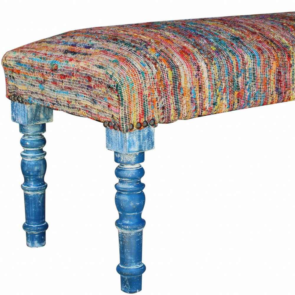 47" Rainbow Stripe Blue Leg Upholstered Bench