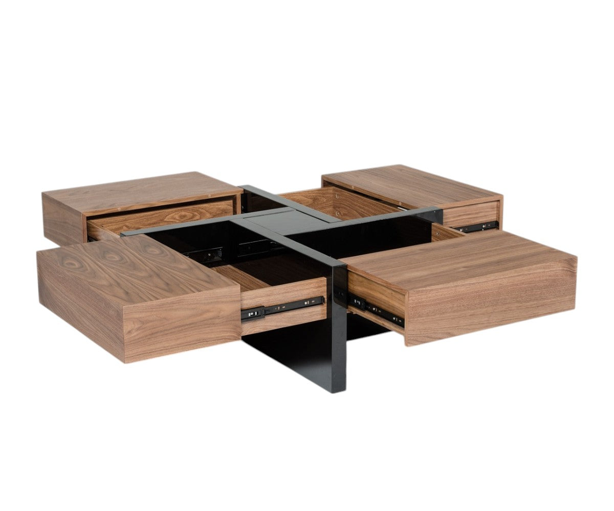 Wood coffee table with four open drawers and black center sliding top