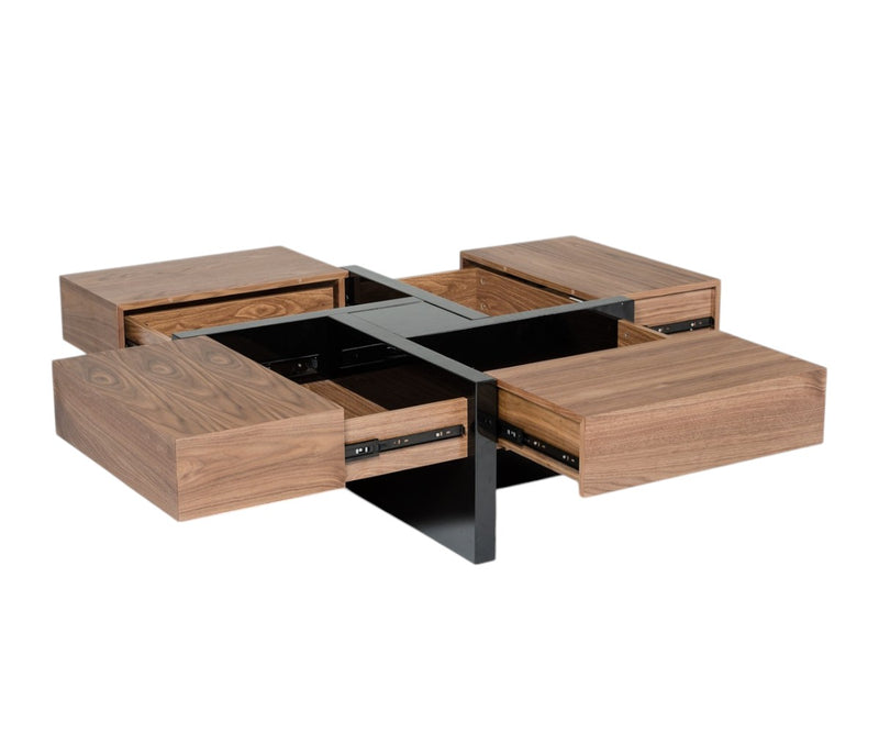 Wood coffee table with four open drawers and black center sliding top