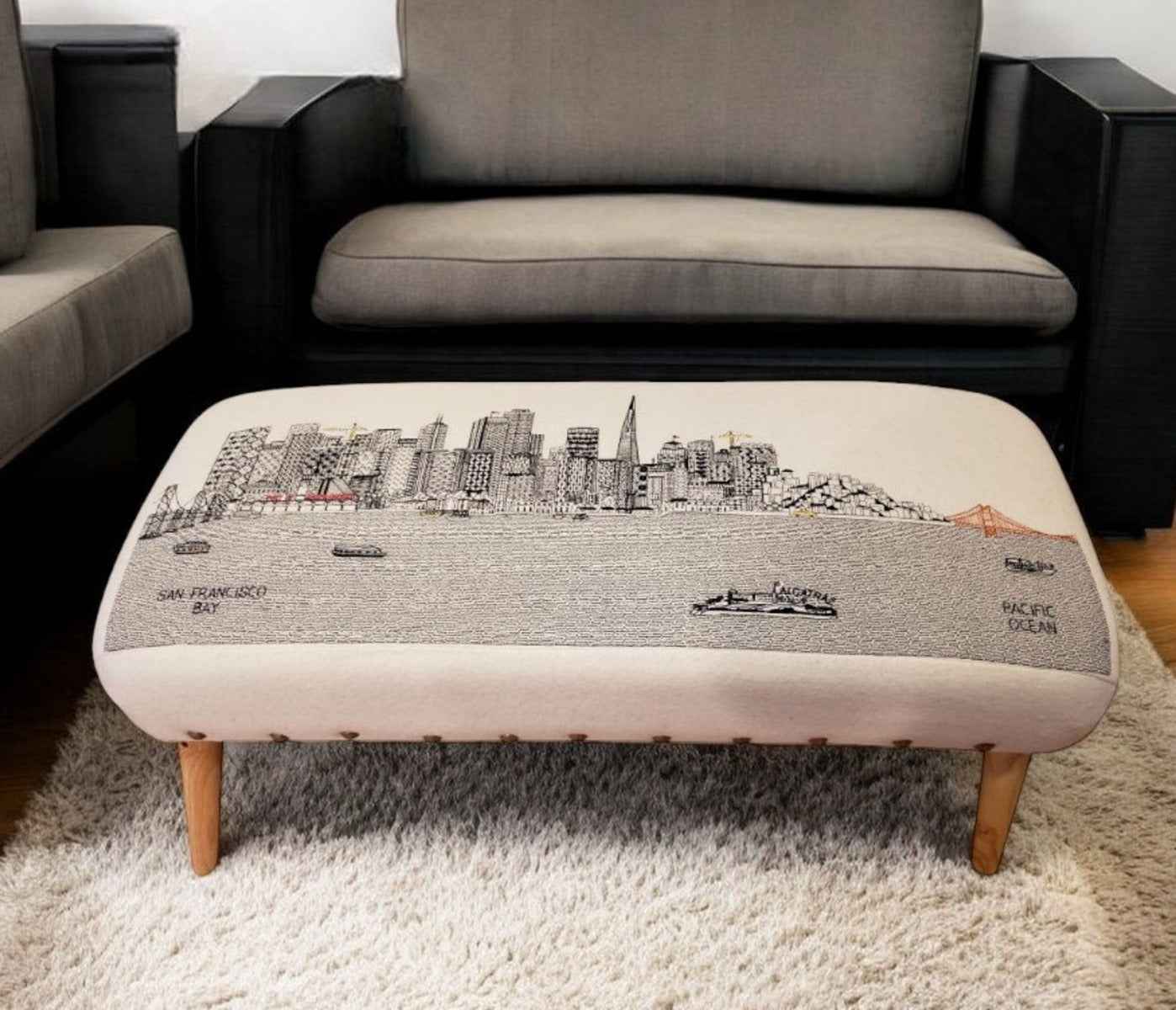 38" Cream Wool and Brown Ottoman