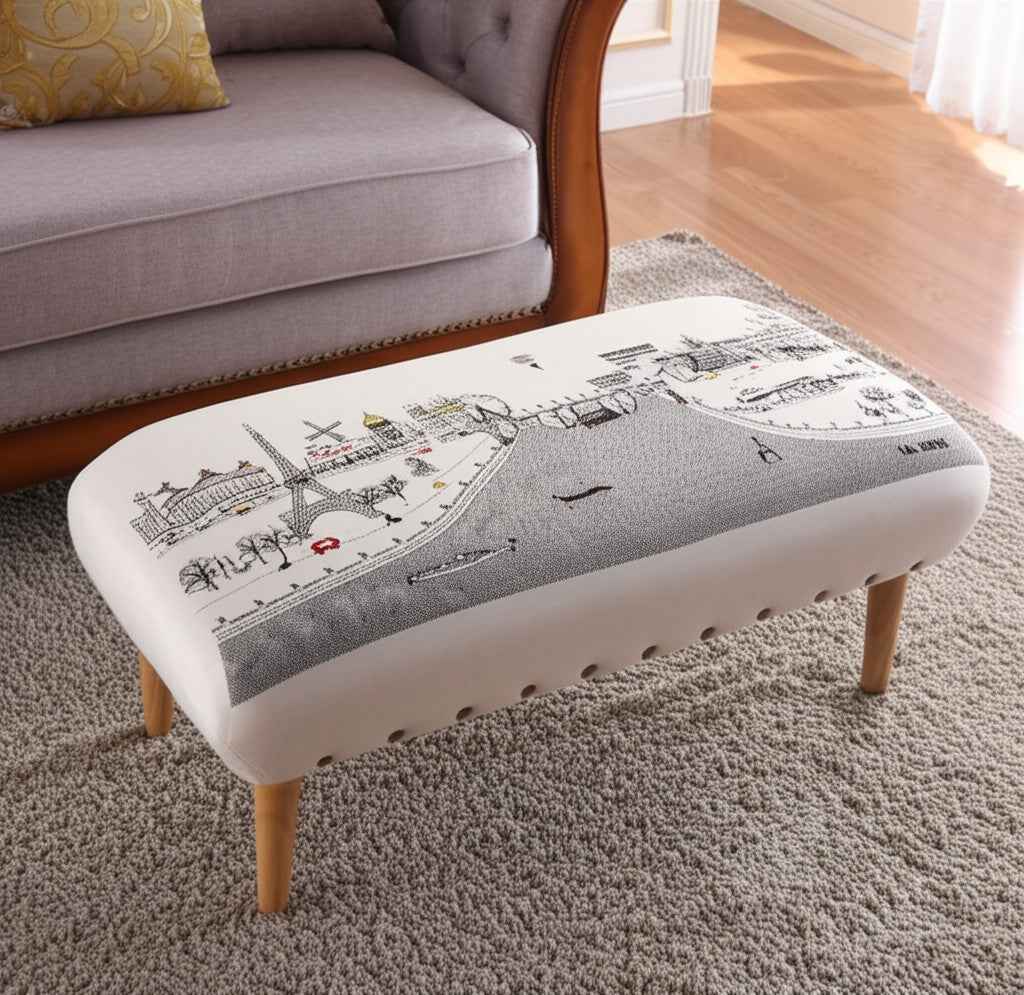 38" Cream Wool and Brown Ottoman