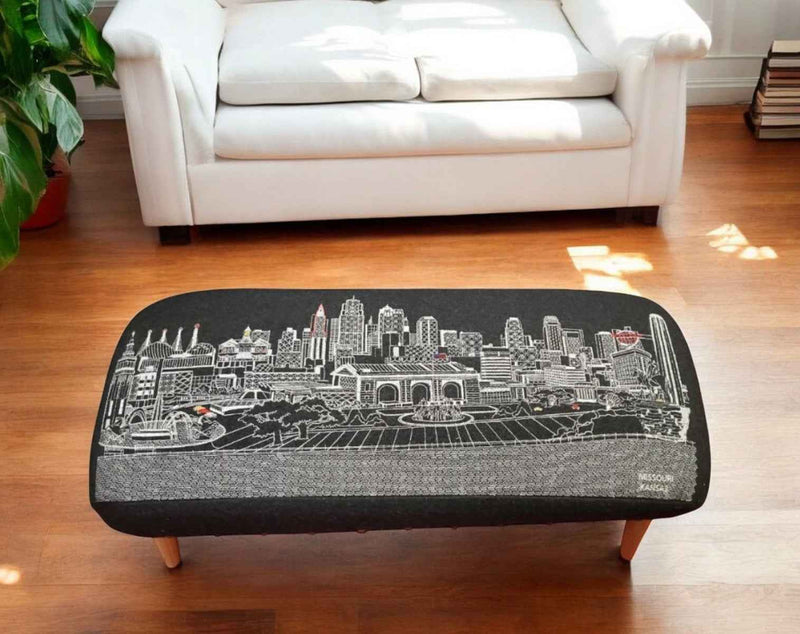 38" Black Wool and Brown Ottoman