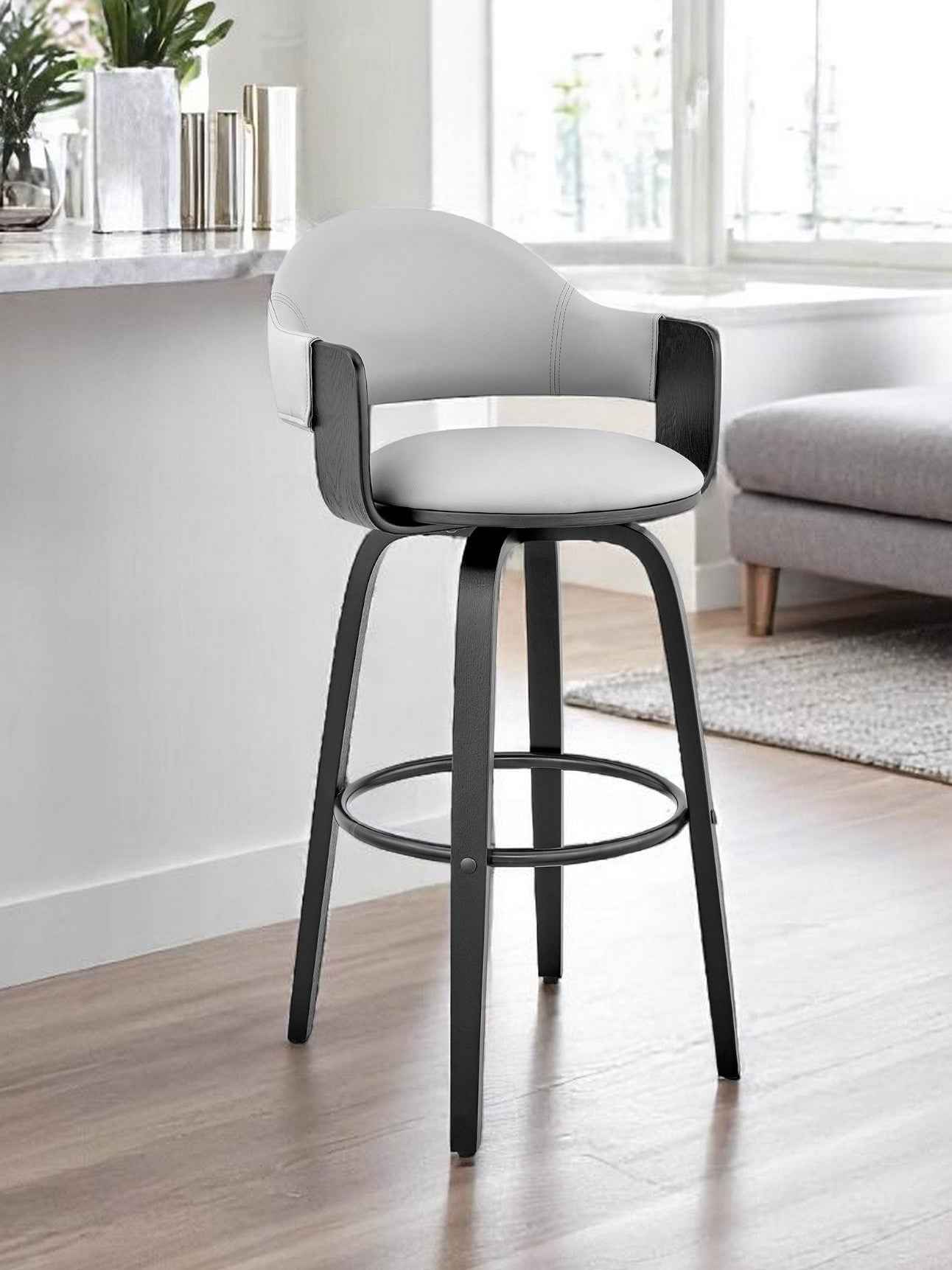 26" Gray And Black Iron Swivel Low Back Counter Height Bar Chair