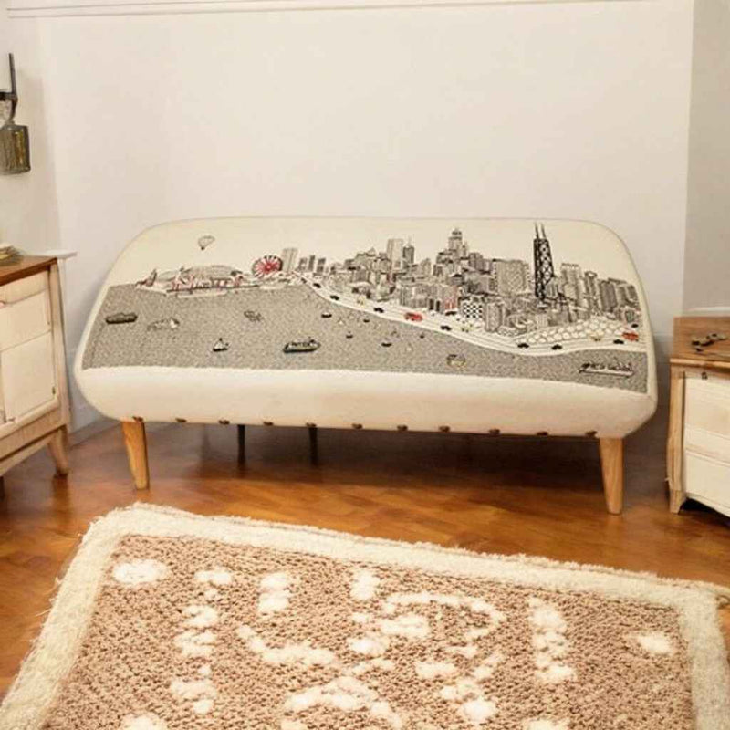 38" Cream Wool and Brown Ottoman