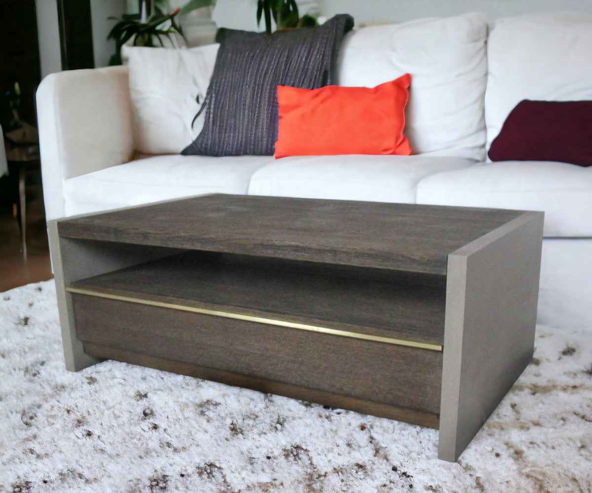 47" Brown and Dark Gray Solid Wood And Concrete Block Coffee Table With Drawer And Shelf