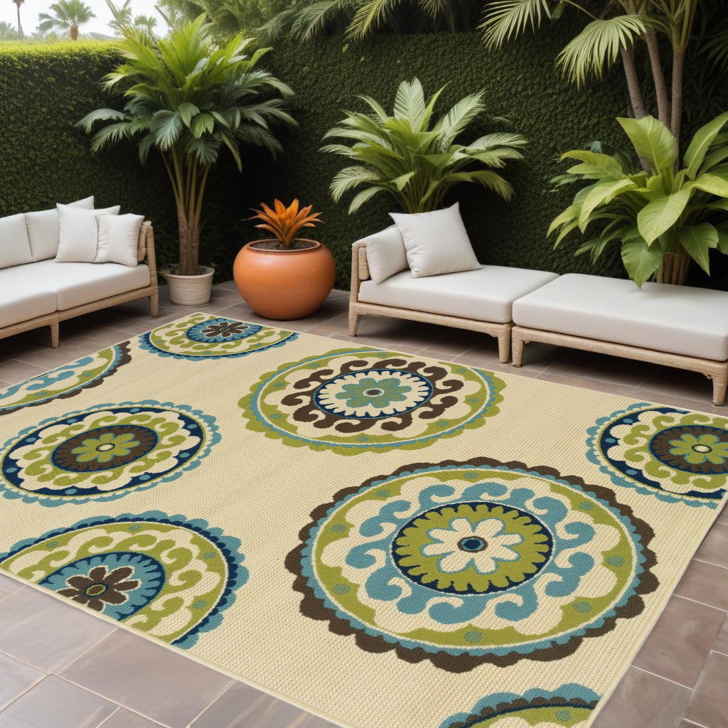 8' X 13' Ivory Indigo And Lime Green Floral Medallion Indoor Outdoor Area Rug - Outdoor