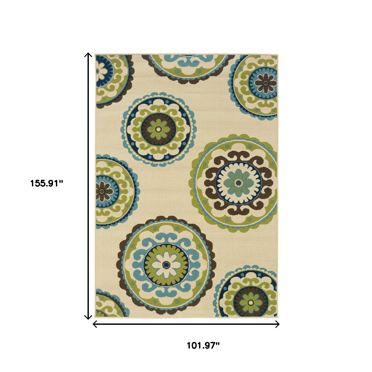 8' X 13' Ivory Indigo And Lime Green Floral Medallion Indoor Outdoor Area Rug - Outdoor