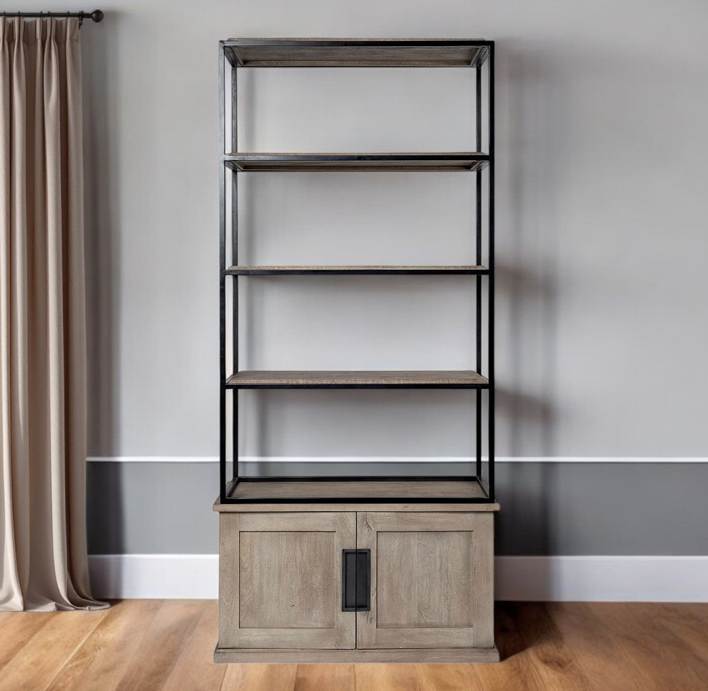 90" Brown Iron and Wood Three Tier Bookcase - Office
