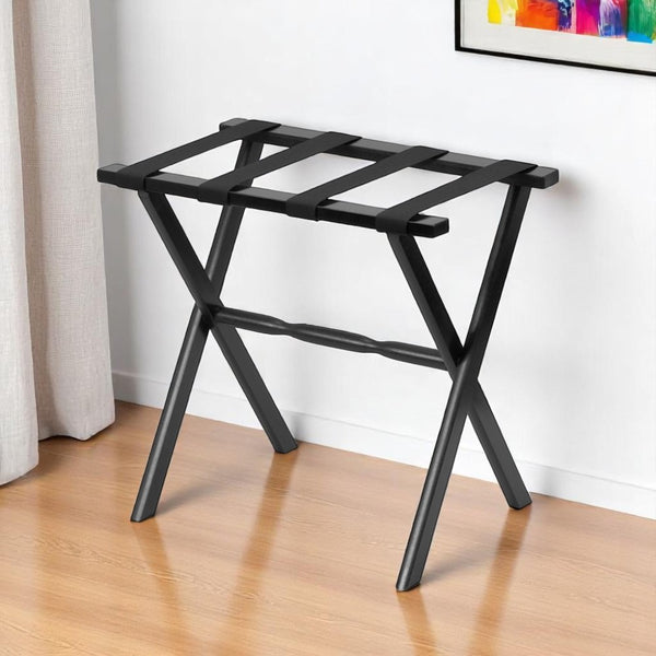 Hotel Black Finish Wood Folding Luggage Rack With Black Straps Default Title