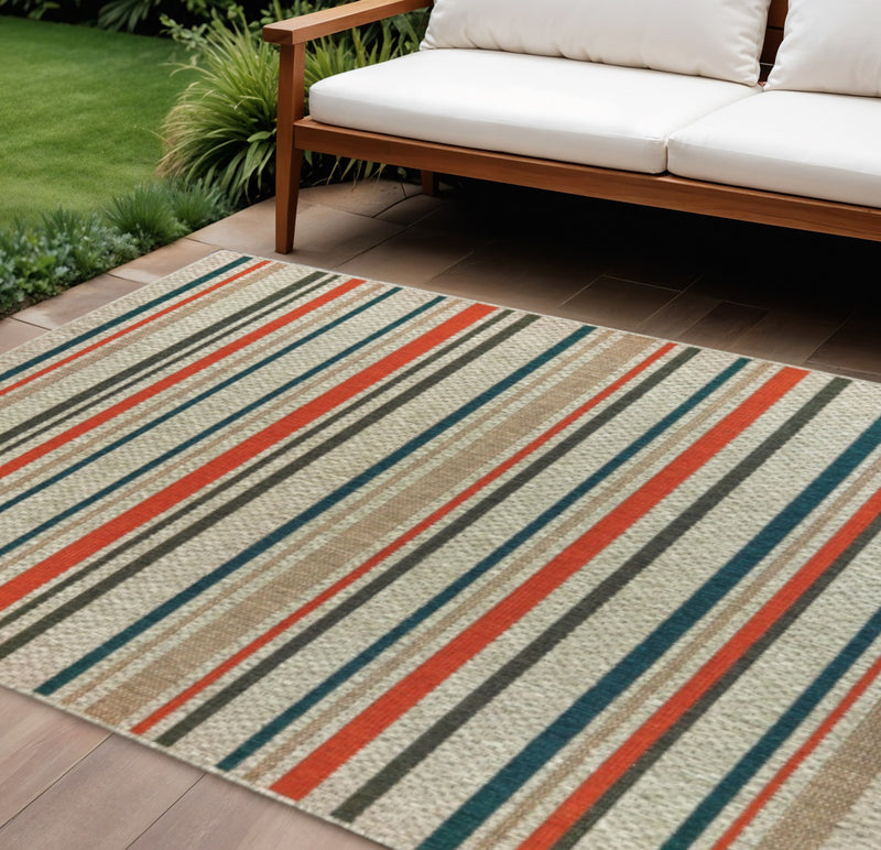 Striped outdoor area rug with beige ground and blue, gray, orange-red horizontal stripes