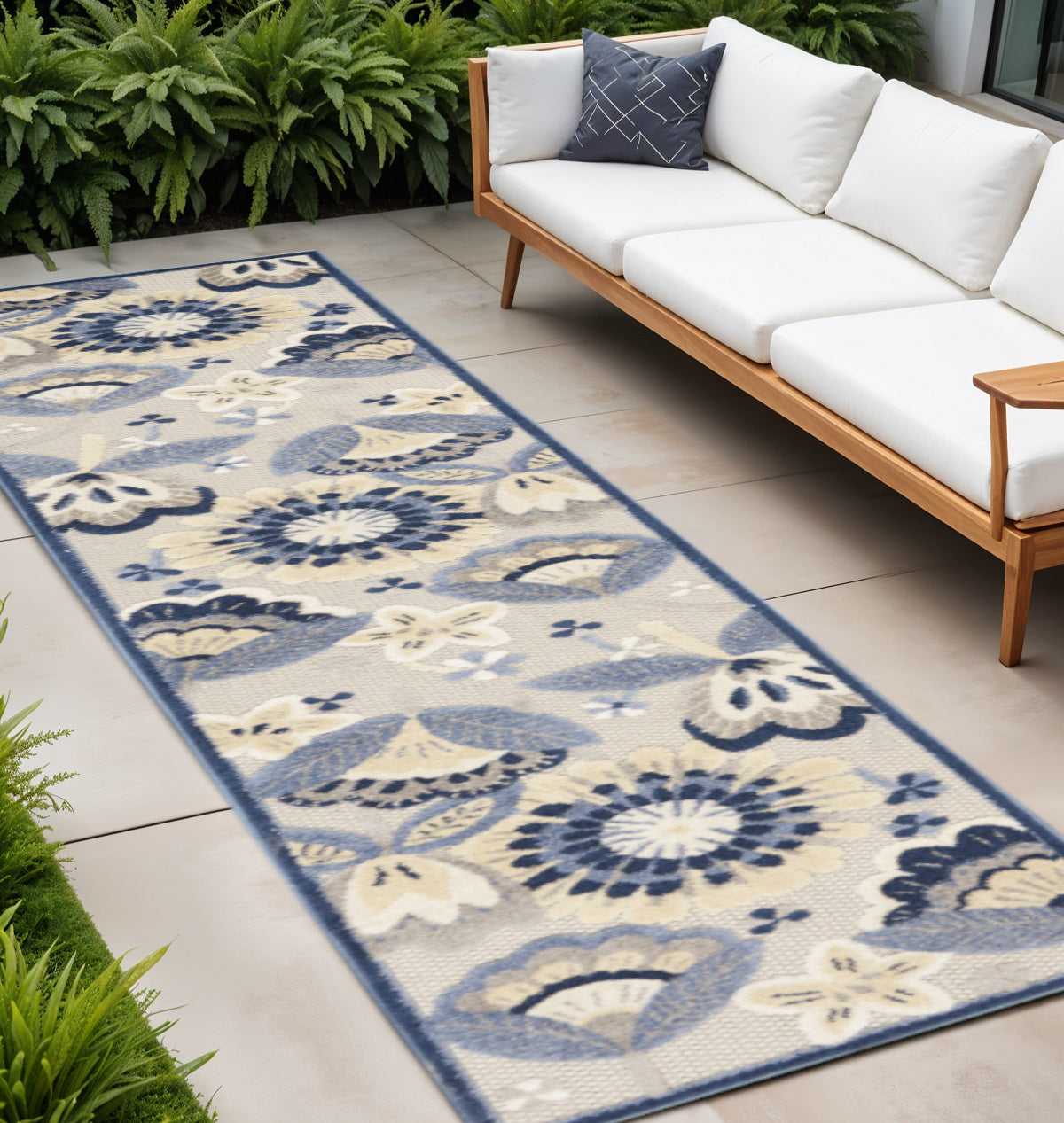 12' Blue And Gray Indoor Outdoor Runner Rug - Outdoor