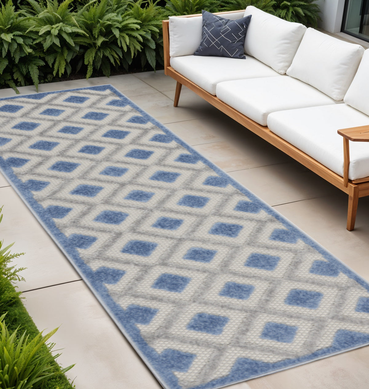 8' Blue And Gray Indoor Outdoor Runner Rug - Outdoor