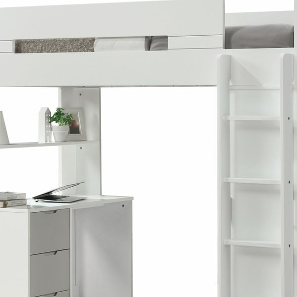 Twin loft bed with attached white desk, gray drawer cabinet, and open side shelves
