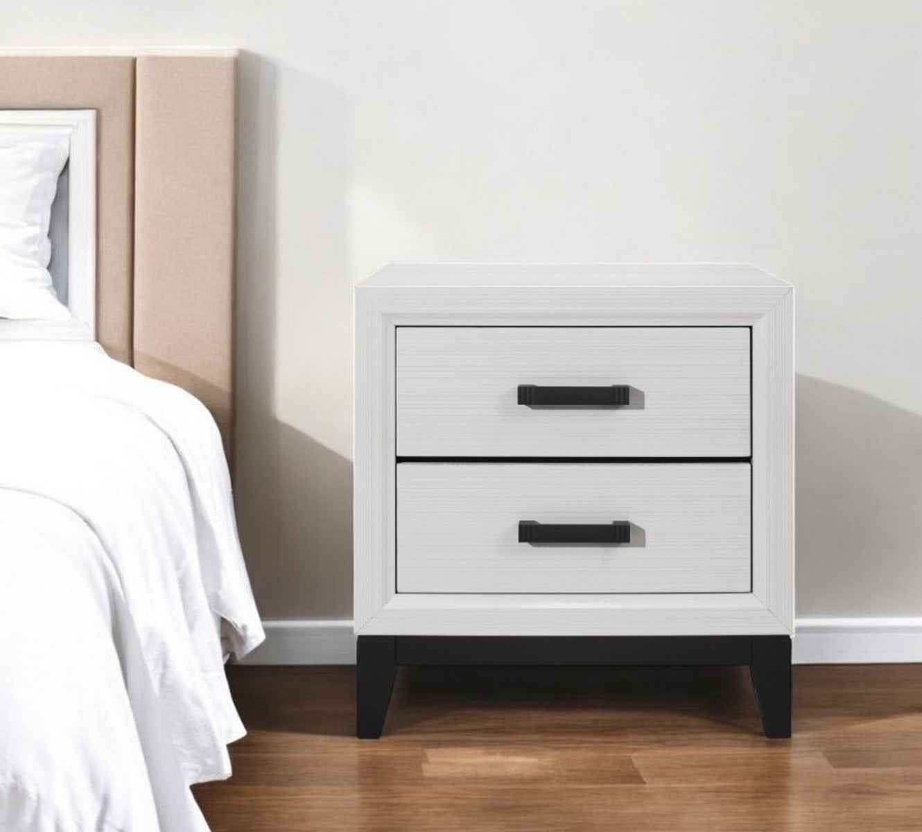 25" White Wood Two Drawer Nightstand