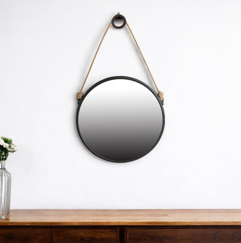 30" Black Fame Round Wall Hanging Accent Mirror with Rope - Bed & Bath