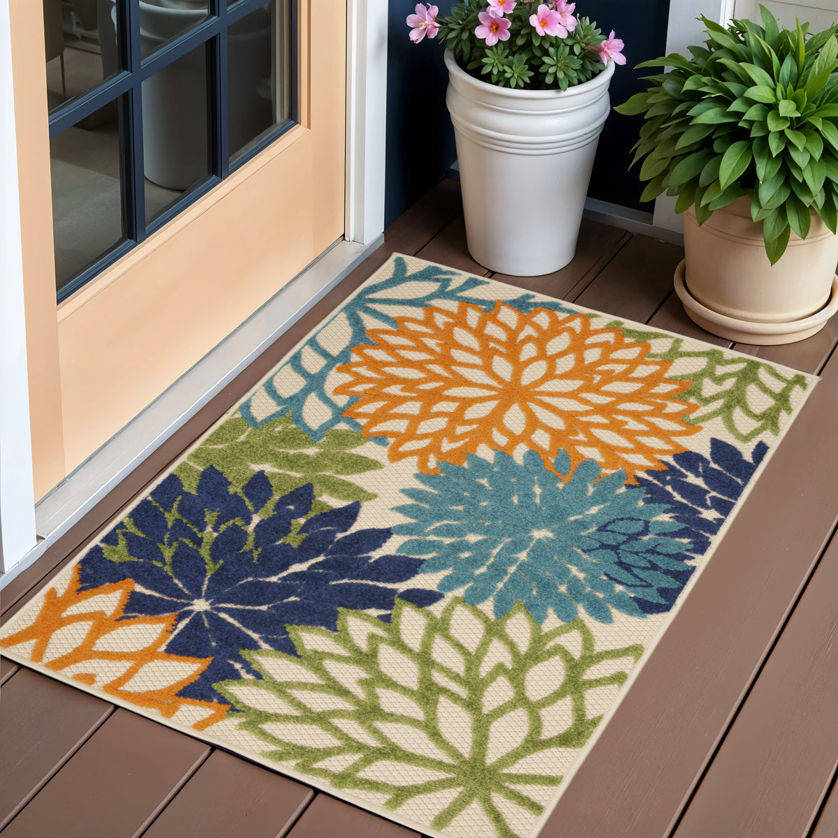 3' X 4' Ivory And Blue Indoor Outdoor Area Rug - Outdoor
